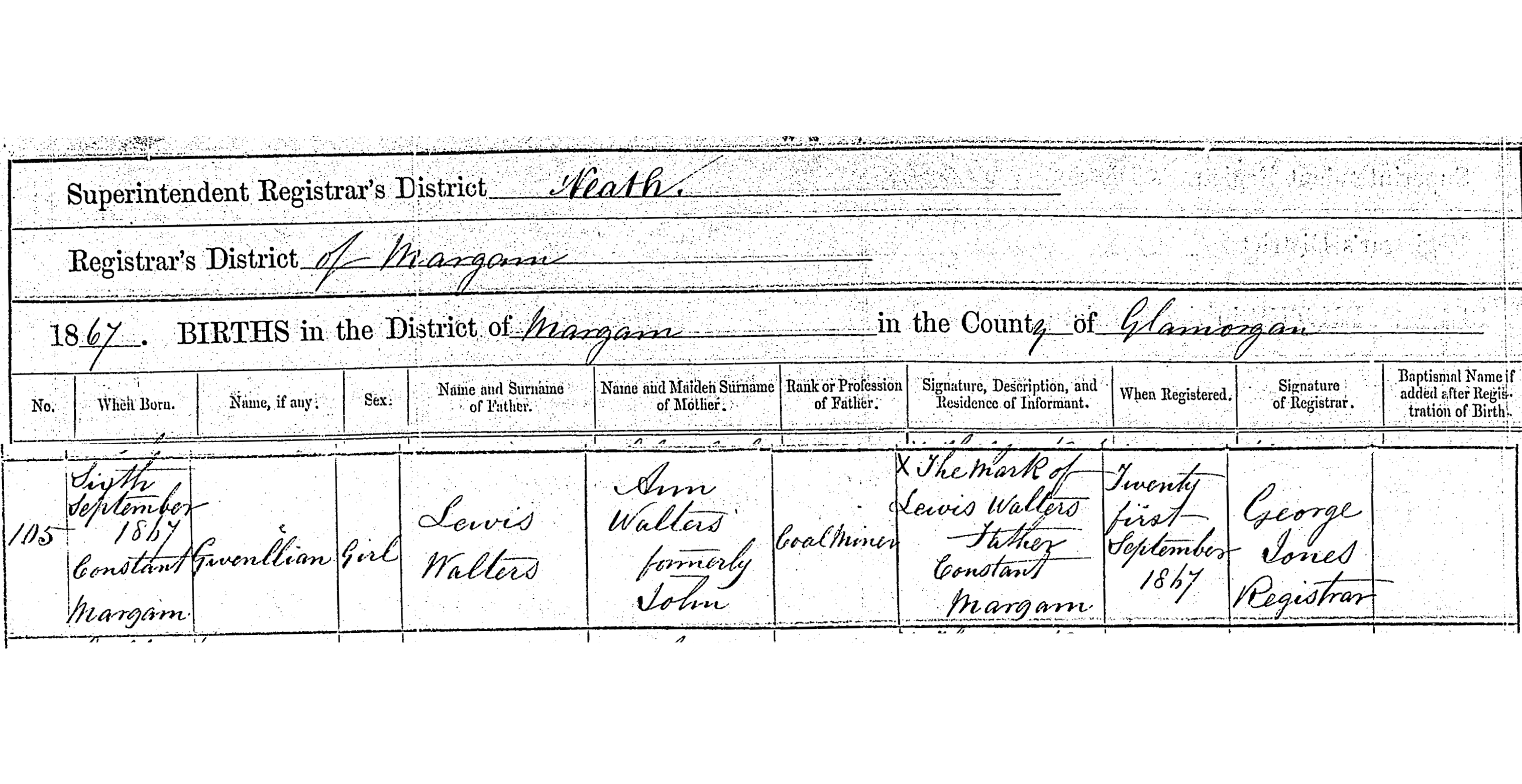 The civil birth registration details for Gwenllian Walters, born 1867